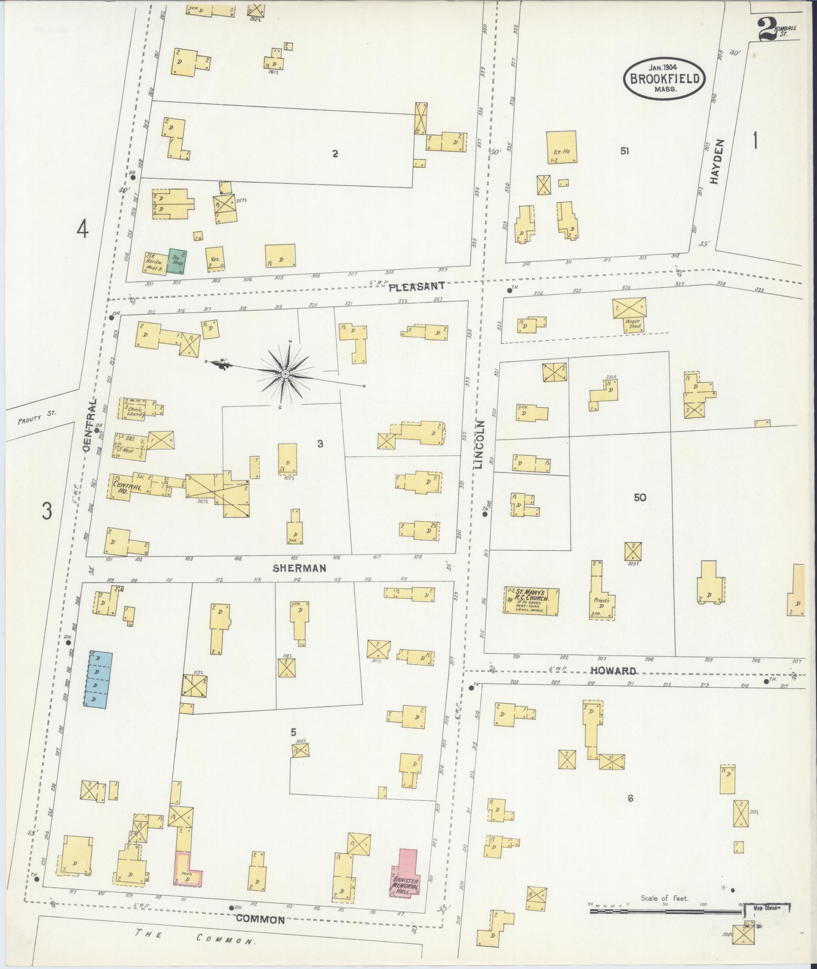 Sanborn Fire Insurance Map from Brookfield, Worcester County, Massachusetts (1904), Sheet #0002 - Historic Sanborn Fire Insurance Map Print, vintage old map wall art, antique decor, genealogy gift, Massachusetts Massachusetts map