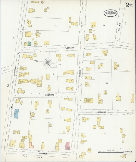 Sanborn Fire Insurance Map from Brookfield, Worcester County, Massachusetts (1904), Sheet #0002 - Historic Sanborn Fire Insurance Map Print, vintage old map wall art, antique decor, genealogy gift, Massachusetts Massachusetts map