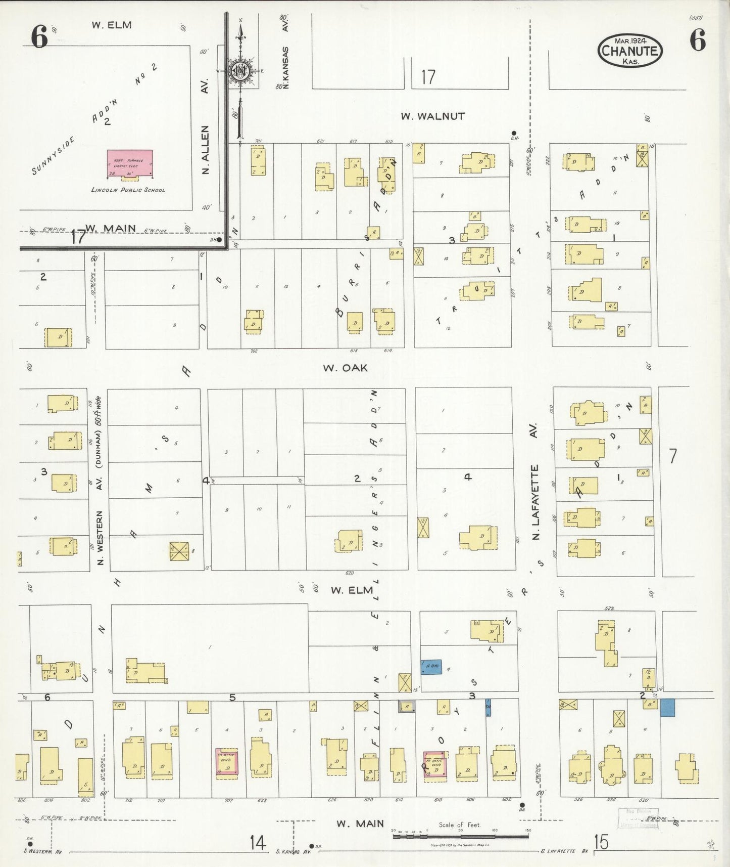 Sanborn Fire Insurance Map from Chanute, Neosho County, Kansas (1924), Sheet #0006 - Complete Map Set gallery image, historic Sanborn map, vintage wall art, Kansas Kansas