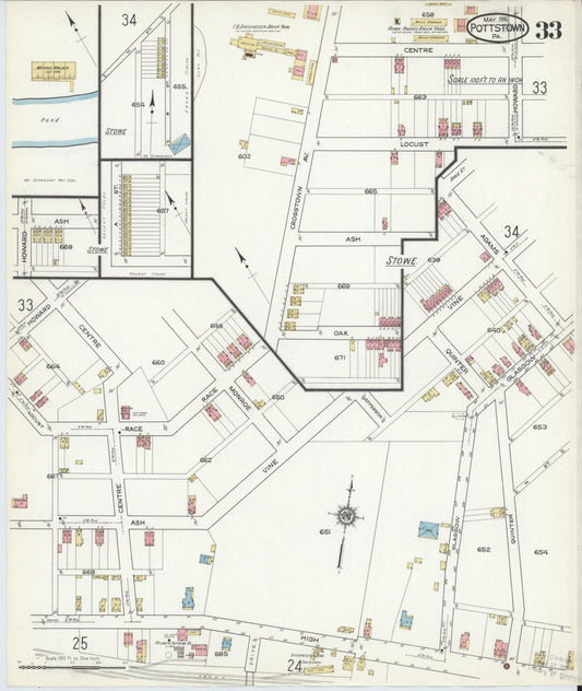 Sanborn Fire Insurance Map from Pottstown, Montgomery County, Pennsylvania (1916), Sheet #0033 - Historic Sanborn Fire Insurance Map Print, vintage old map wall art, antique decor, genealogy gift, Pennsylvania Pennsylvania map
