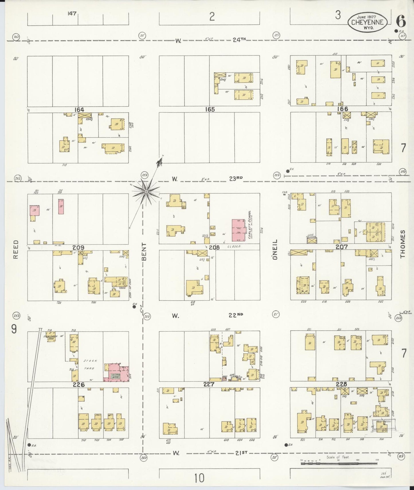 Sanborn Fire Insurance Map from Cheyenne, Laramie County, Wyoming (1907), Sheet #0006 - Complete Map Set gallery image, historic Sanborn map, vintage wall art, Wyoming Wyoming