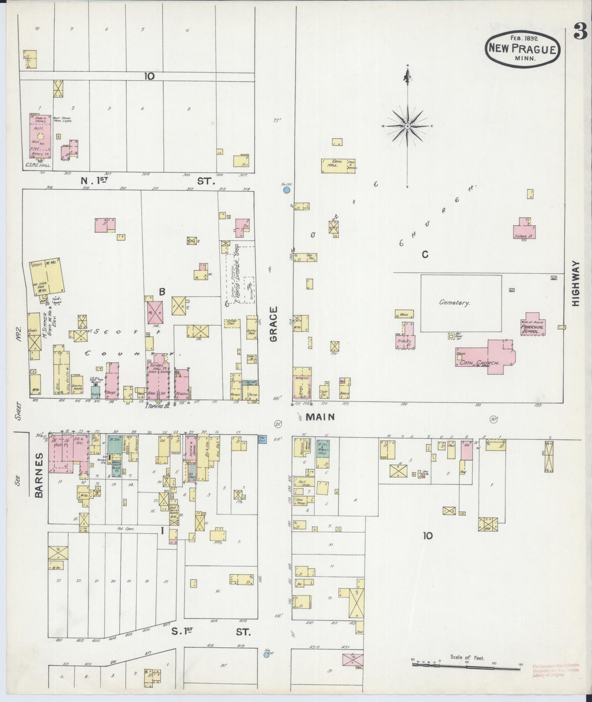 Sanborn Fire Insurance Map from New Prague, Scott And Le Sueur, Minnesota (1892), Sheet #0003 - Complete Map Set gallery image, historic Sanborn map, vintage wall art, Minnesota Minnesota