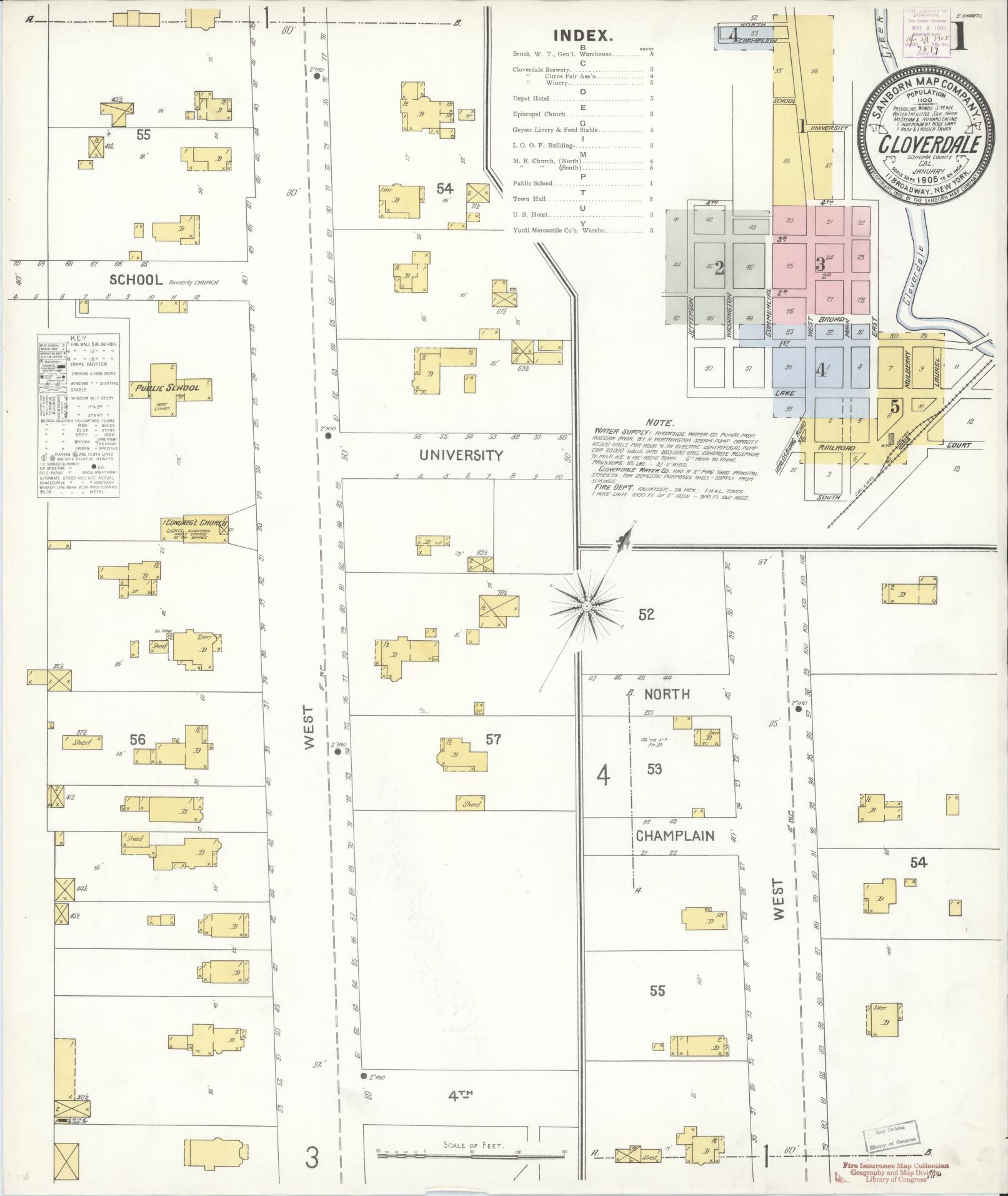 Sanborn Fire Insurance Map from Cloverdale, Sonoma County, California (1905), Sheet #0001 - Historic Sanborn Fire Insurance Map Print, vintage old map wall art, antique decor, genealogy gift, California California map