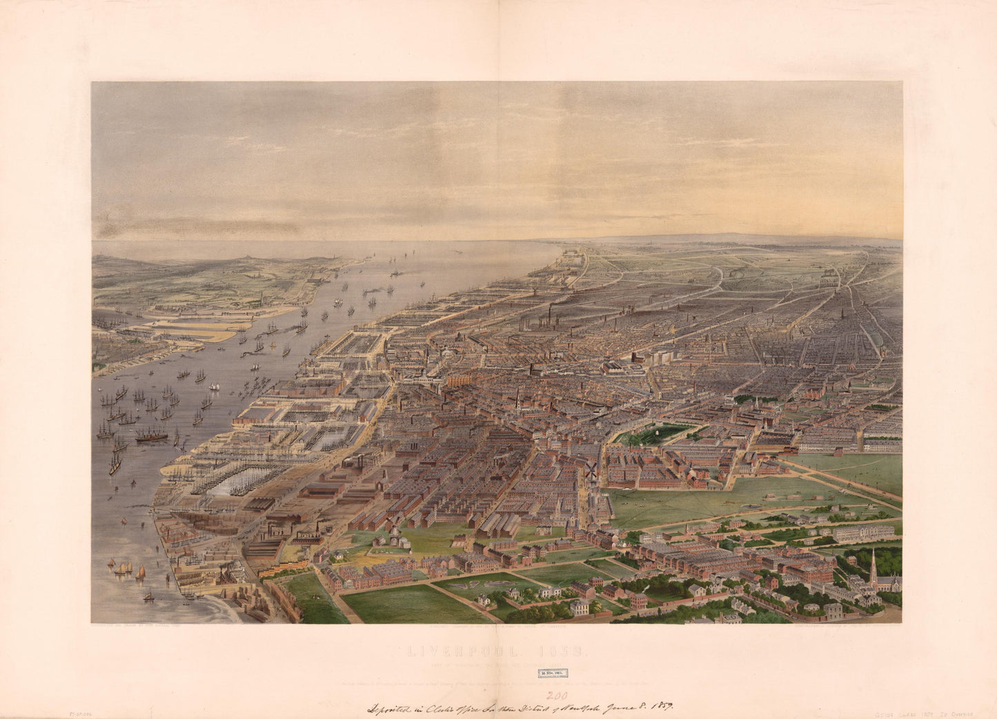 Liverpool, 1859, part of Birkenhead, the docks, and Cheshire coast (1859) – Historic Bird’s-Eye View Panorama Print