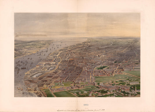 Liverpool, 1859, part of Birkenhead, the docks, and Cheshire coast (1859) – Historic Bird’s-Eye View Panorama Print