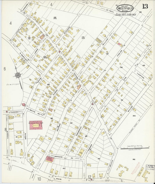 Sanborn Fire Insurance Map from Westfield, Hampden County, Massachusetts (1917), Sheet #0013 - Historic Sanborn Fire Insurance Map Print, vintage old map wall art, antique decor, genealogy gift, Massachusetts Massachusetts map