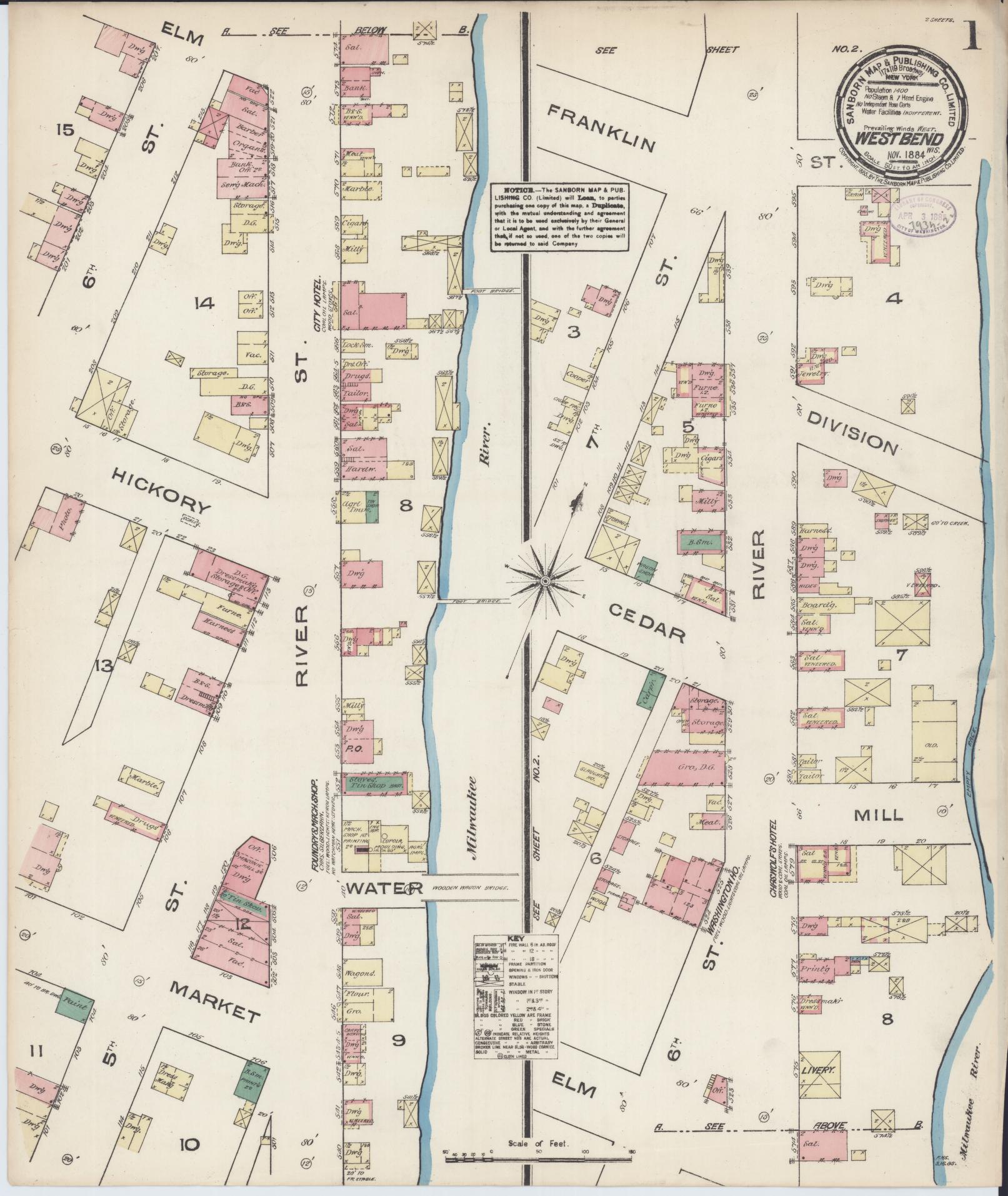 Sanborn Fire Insurance Map from West Bend, Washington County, Wisconsin (1884), Sheet #0001 - Historic Sanborn Fire Insurance Map Print, vintage old map wall art, antique decor, genealogy gift, Wisconsin Wisconsin map