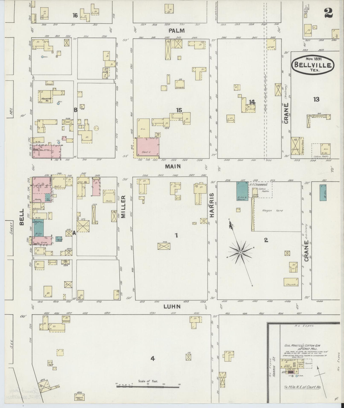 Sanborn Fire Insurance Map from Bellville, Austin County, Texas (1891), Sheet #0002 - Complete Map Set gallery image, historic Sanborn map, vintage wall art, Texas Texas