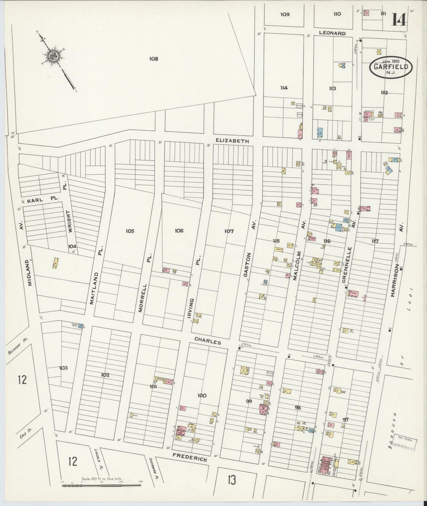 Sanborn Fire Insurance Map from Garfield, Bergen County, New Jersey (1910), Sheet #0014 - Historic Sanborn Fire Insurance Map Print, vintage old map wall art, antique decor, genealogy gift, New Jersey New Jersey map