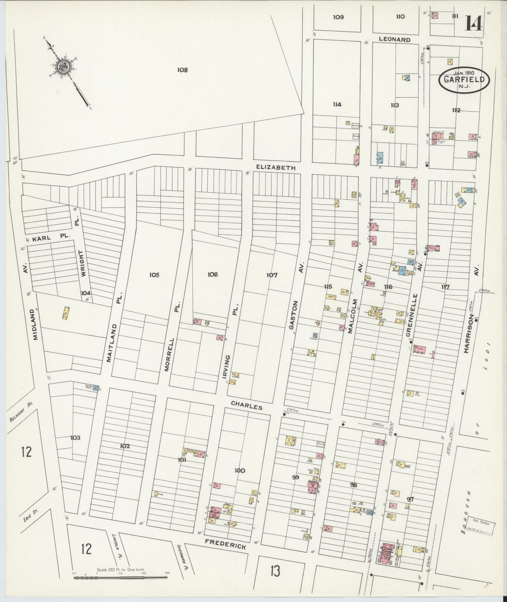 Sanborn Fire Insurance Map from Garfield, Bergen County, New Jersey (1910), Sheet #0014 - Historic Sanborn Fire Insurance Map Print, vintage old map wall art, antique decor, genealogy gift, New Jersey New Jersey map