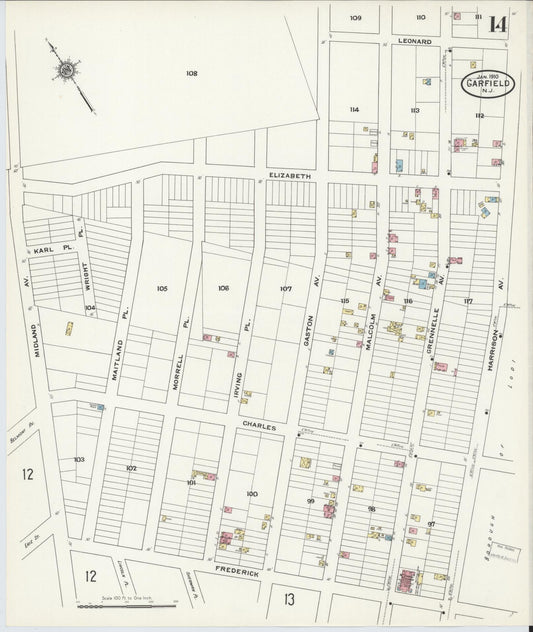 Sanborn Fire Insurance Map from Garfield, Bergen County, New Jersey (1910), Sheet #0014 - Historic Sanborn Fire Insurance Map Print, vintage old map wall art, antique decor, genealogy gift, New Jersey New Jersey map