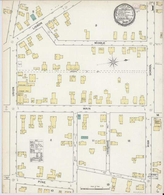 Sanborn Fire Insurance Map from Lisbon Falls, Androscoggin County, Maine (1892), Sheet #0001 - Historic Sanborn Fire Insurance Map Print, vintage old map wall art, antique decor, genealogy gift, Maine Maine map