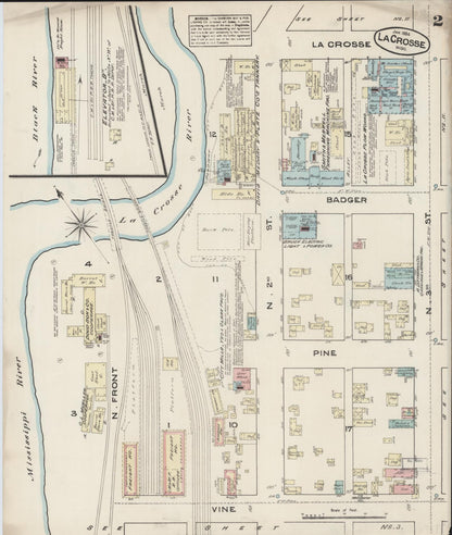 Sanborn Fire Insurance Map from La Crosse, La Crosse County, Wisconsin (1884), Sheet #0002 - Complete Map Set gallery image, historic Sanborn map, vintage wall art, Wisconsin Wisconsin