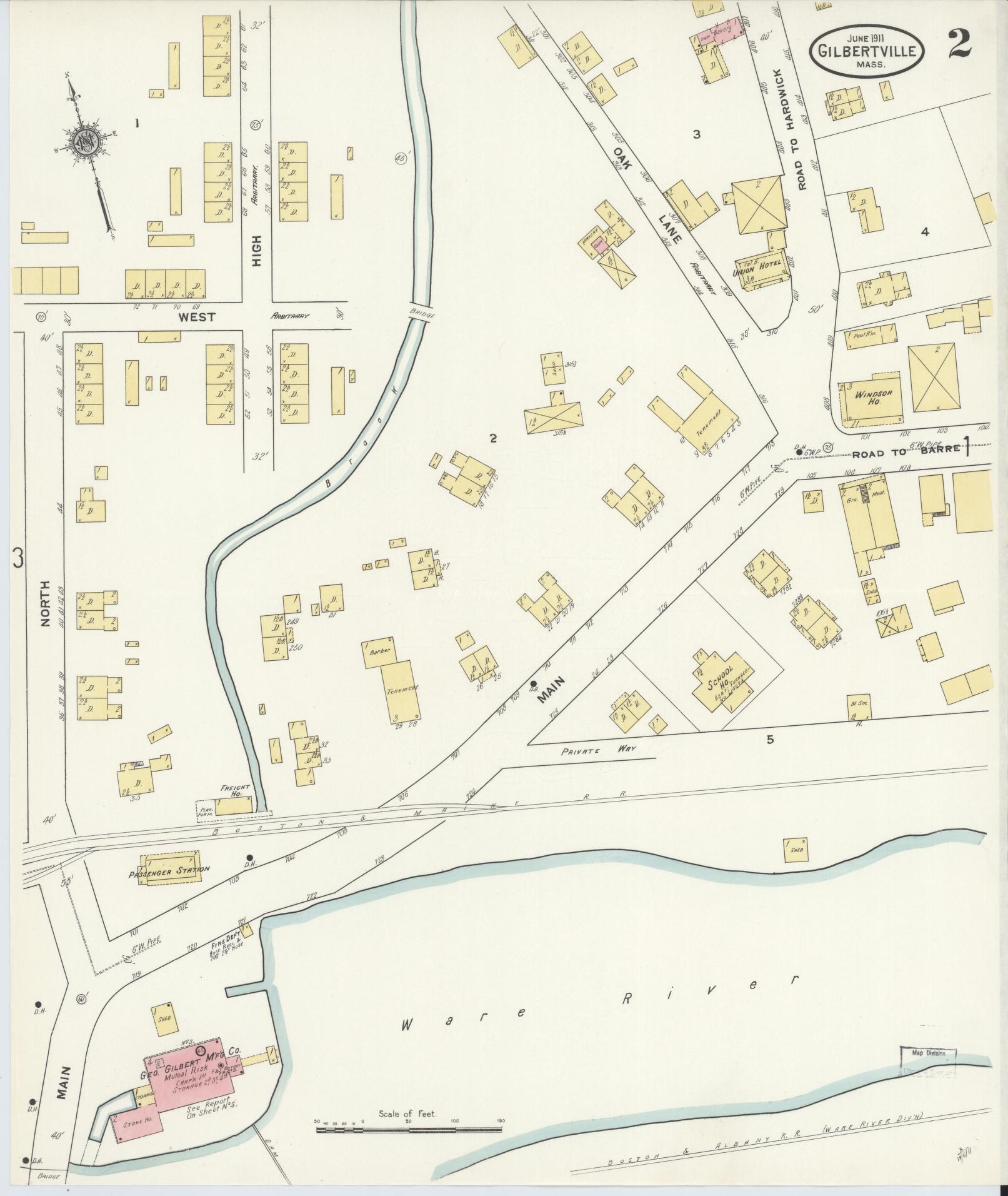 Sanborn Fire Insurance Map from Gilbertville, Worcester County, Massachusetts (1911), Sheet #0002 - Complete Map Set gallery image, historic Sanborn map, vintage wall art, Massachusetts Massachusetts