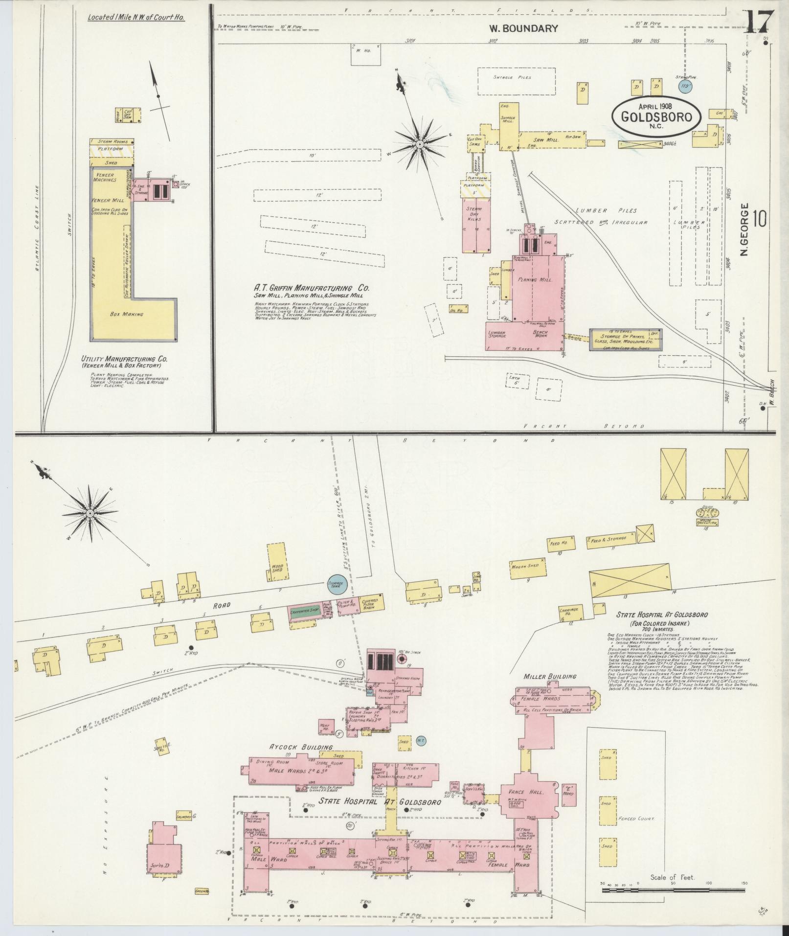 Sanborn Fire Insurance Map from Goldsboro, Wayne County, North Carolina (1908), Sheet #0017 - Complete Map Set gallery image, historic Sanborn map, vintage wall art, North Carolina North Carolina
