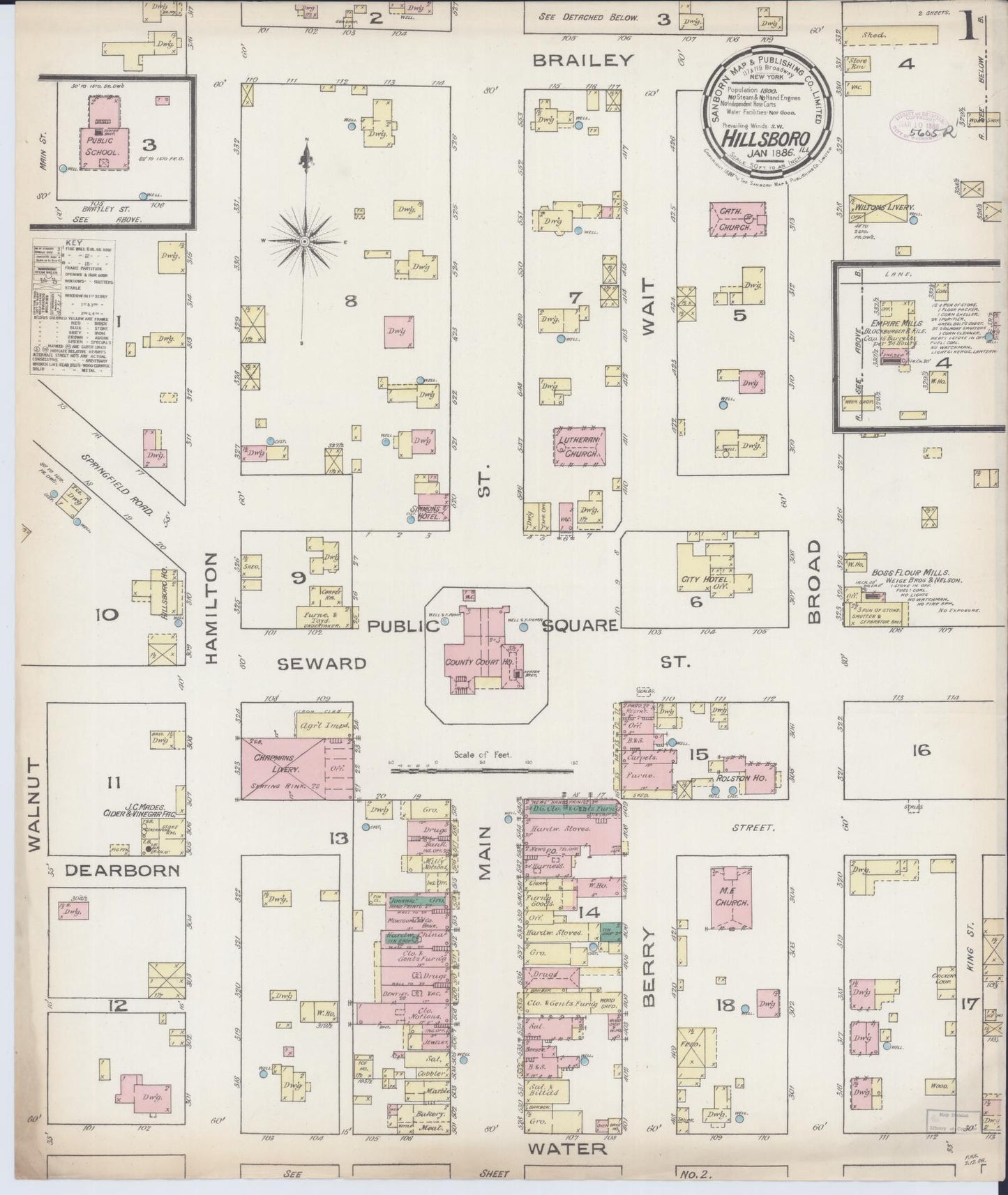 Sanborn Fire Insurance Map from Hillsboro, Montgomery County, Illinois (1886), Sheet #0001 - Complete Map Set gallery image, historic Sanborn map, vintage wall art, Illinois Illinois
