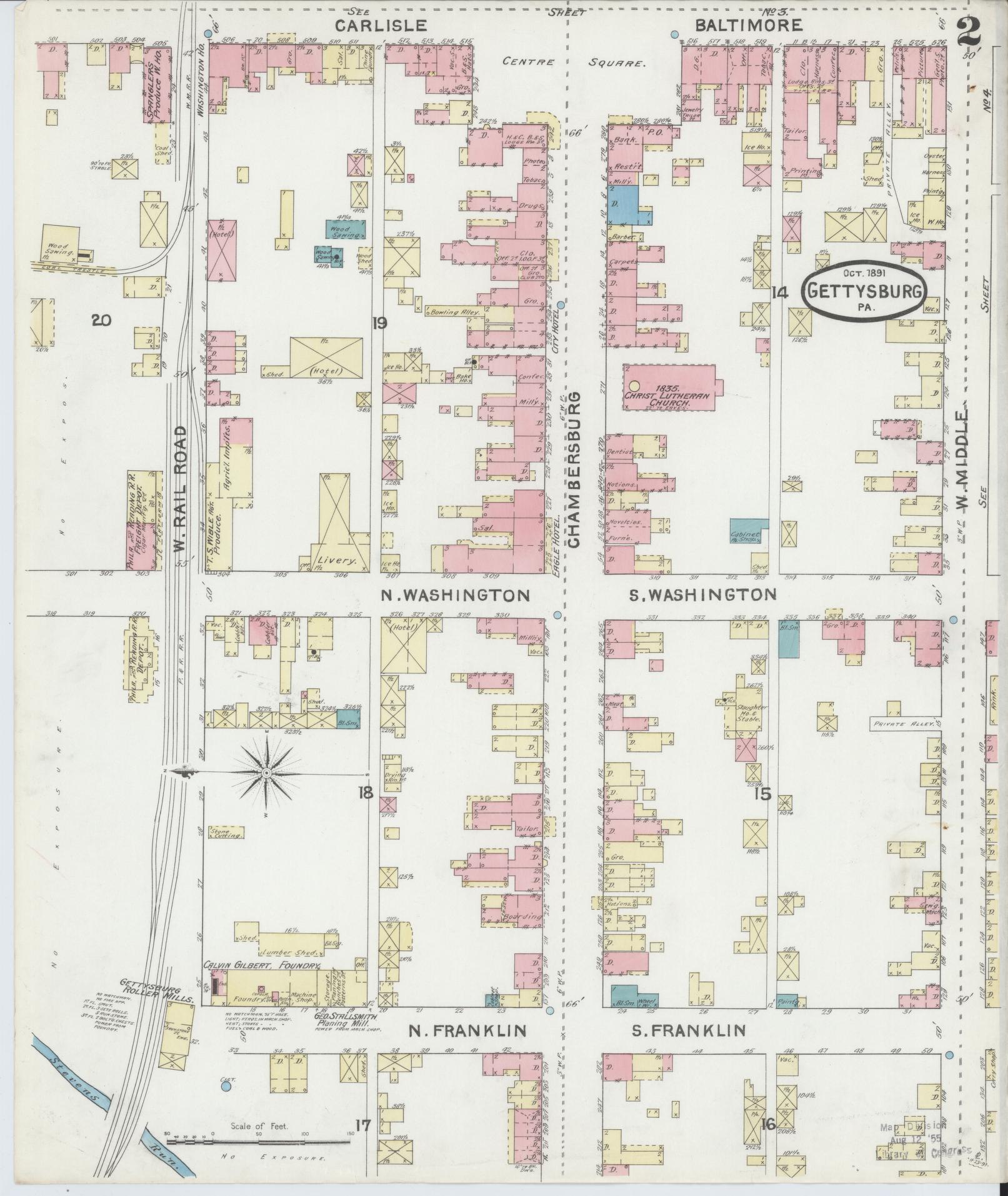 Sanborn Fire Insurance Map from Gettysburg, Adams County, Pennsylvania (1891), Sheet #0002 - Historic Sanborn Fire Insurance Map Print, vintage old map wall art, antique decor, genealogy gift, Pennsylvania Pennsylvania map