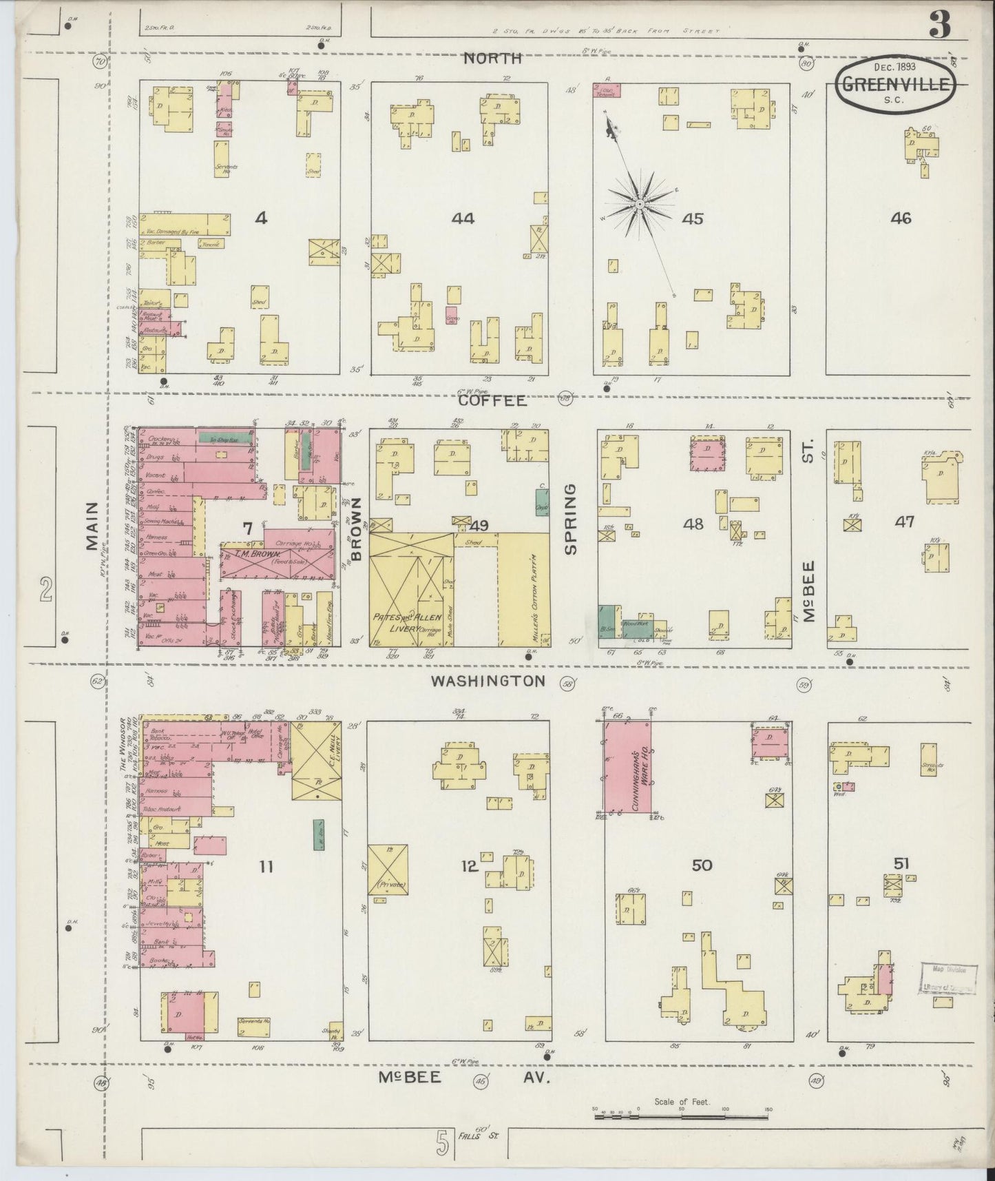 Sanborn Fire Insurance Map from Greenville, Greenville County, South Carolina (1893), Sheet #0003 - Complete Map Set gallery image, historic Sanborn map, vintage wall art, South Carolina South Carolina