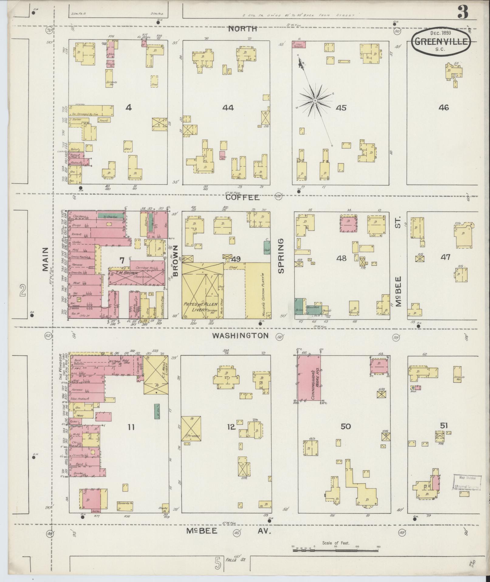Sanborn Fire Insurance Map from Greenville, Greenville County, South Carolina (1893), Sheet #0003 - Complete Map Set gallery image, historic Sanborn map, vintage wall art, South Carolina South Carolina