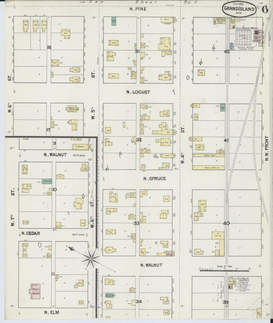 Sanborn Fire Insurance Map from Grand Island, Hall County, Nebraska (1889), Sheet #0006 - Historic Sanborn Fire Insurance Map Print, vintage old map wall art, antique decor, genealogy gift, Nebraska Nebraska map