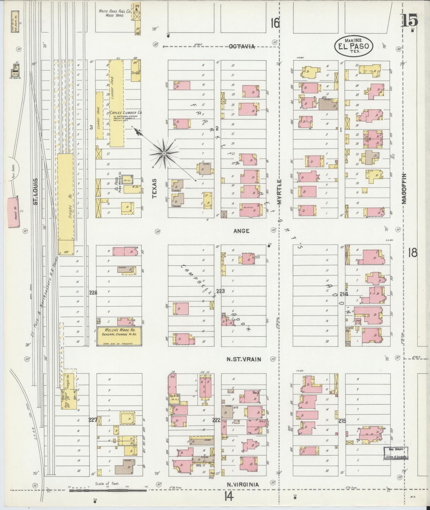 Sanborn Fire Insurance Map from El Paso, El Paso County, Texas (1902), Sheet #0015 - Complete Map Set gallery image, historic Sanborn map, vintage wall art, Texas Texas