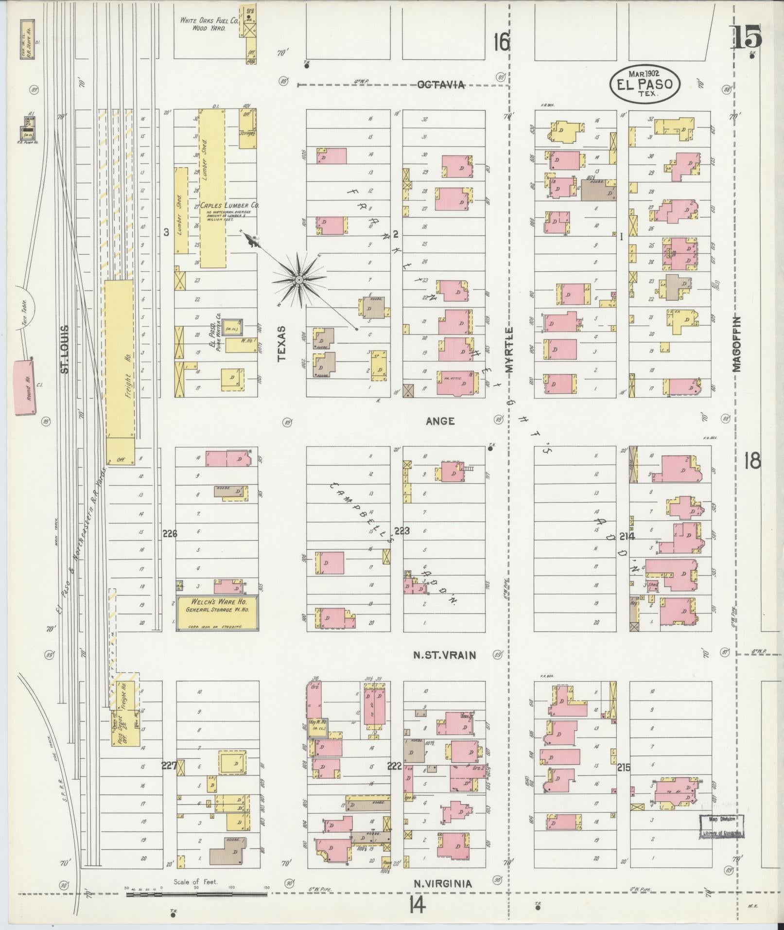 Sanborn Fire Insurance Map from El Paso, El Paso County, Texas (1902), Sheet #0015 - Complete Map Set gallery image, historic Sanborn map, vintage wall art, Texas Texas