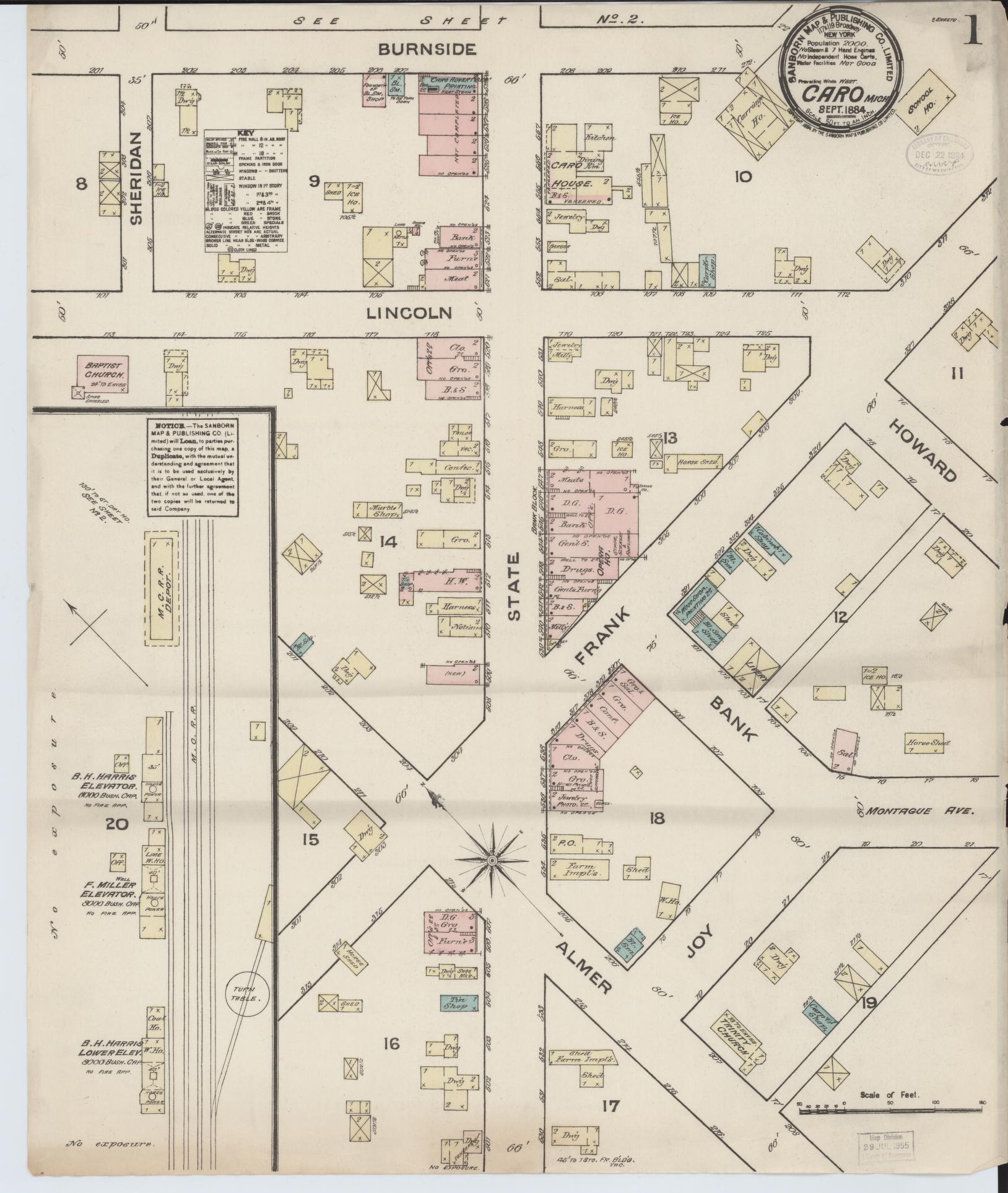 Sanborn Fire Insurance Map from Caro, Tuscola County, Michigan (1884), Sheet #0001 - Complete Map Set gallery image, historic Sanborn map, vintage wall art, Michigan Michigan