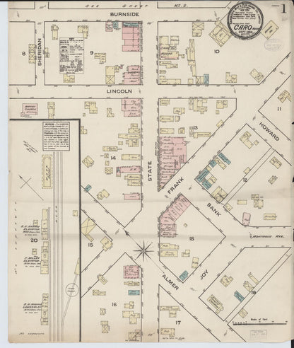 Sanborn Fire Insurance Map from Caro, Tuscola County, Michigan (1884), Sheet #0001 - Complete Map Set gallery image, historic Sanborn map, vintage wall art, Michigan Michigan