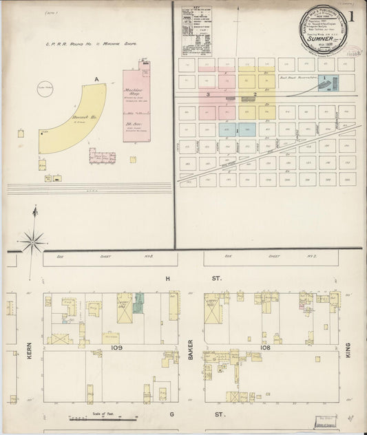 Sanborn Fire Insurance Map from Sumner, Kern County, California (1889), Sheet #0001 - Complete Map Set gallery image, historic Sanborn map, vintage wall art, California California