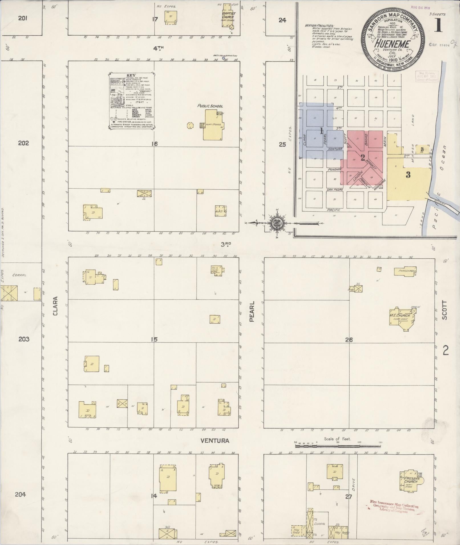 Sanborn Fire Insurance Map from Hueneme, Ventura County, California (1910), Sheet #0001 - Historic Sanborn Fire Insurance Map Print, vintage old map wall art, antique decor, genealogy gift, California California map