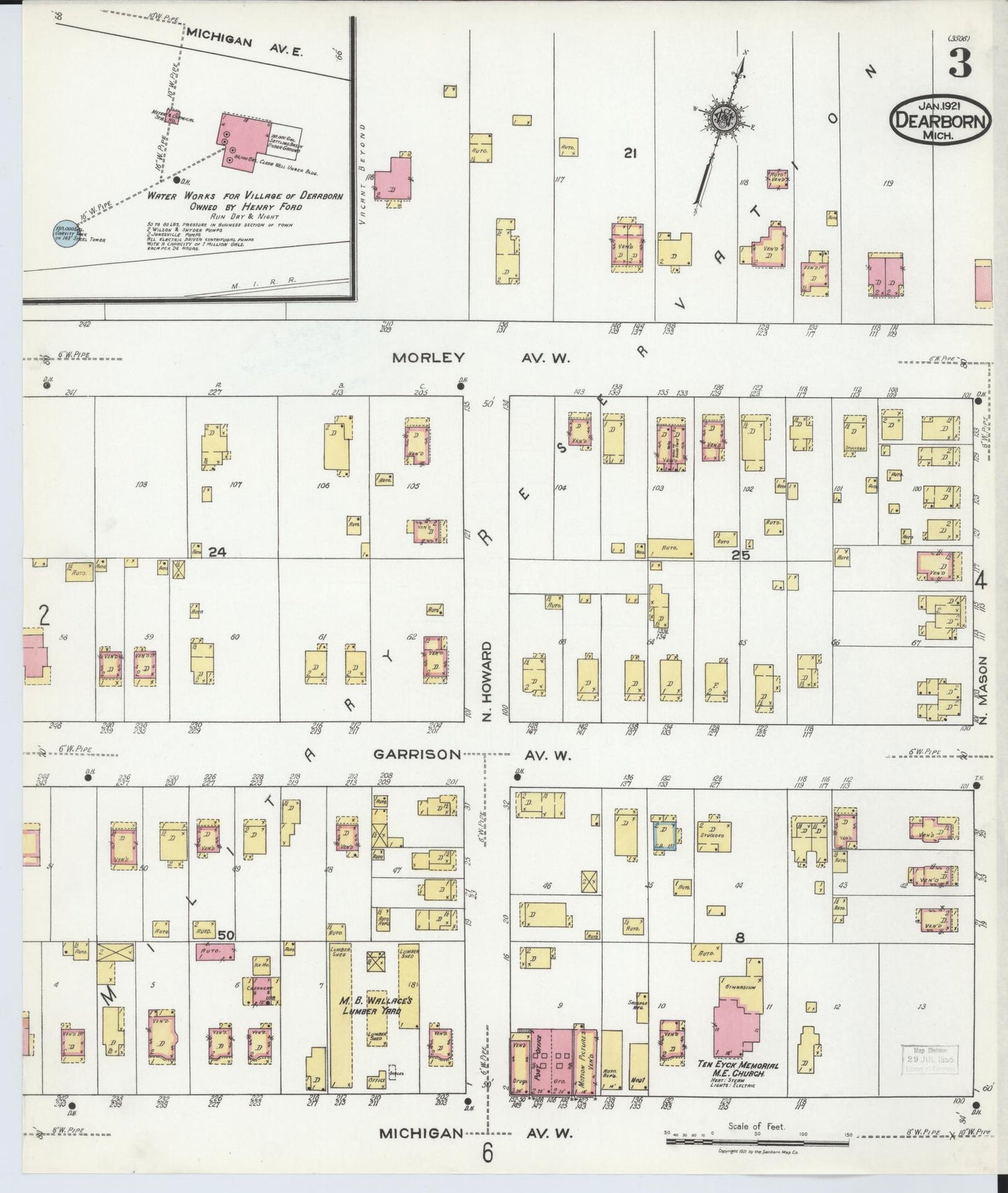 Sanborn Fire Insurance Map from Dearborn, Wayne County, Michigan (1921), Sheet #0003 - Complete Map Set gallery image, historic Sanborn map, vintage wall art, Michigan Michigan