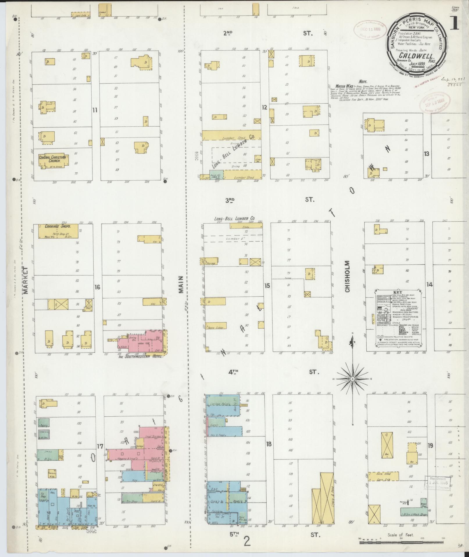 Sanborn Fire Insurance Map from Caldwell, Sumner County, Kansas (1899), Sheet #0001 - Complete Map Set gallery image, historic Sanborn map, vintage wall art, Kansas Kansas