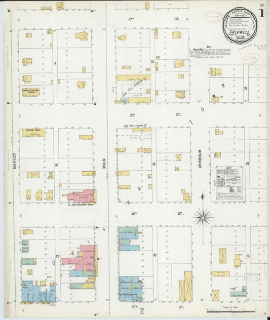 Sanborn Fire Insurance Map from Caldwell, Sumner County, Kansas (1899), Sheet #0001 - Complete Map Set gallery image, historic Sanborn map, vintage wall art, Kansas Kansas