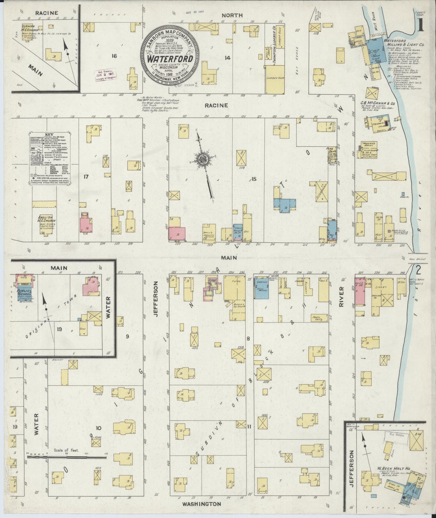 Sanborn Fire Insurance Map from Waterford, Racine County, Wisconsin (1911), Sheet #0001 - Historic Sanborn Fire Insurance Map Print, vintage old map wall art, antique decor, genealogy gift, Wisconsin Wisconsin map