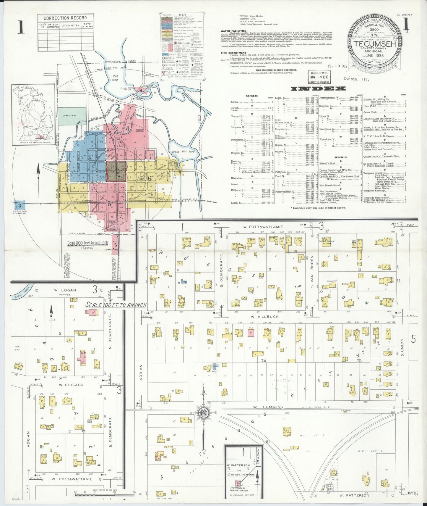 Sanborn Fire Insurance Map from Tecumseh, Lenawee County, Michigan (1935), Sheet #0001 - Complete Map Set gallery image, historic Sanborn map, vintage wall art, Michigan Michigan