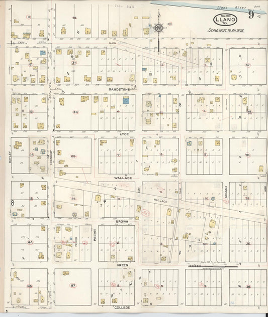 Sanborn Fire Insurance Map from Llano, Llano County, Texas (1942), Sheet #0009 - Historic Sanborn Fire Insurance Map Print, vintage old map wall art, antique decor, genealogy gift, Texas Texas map