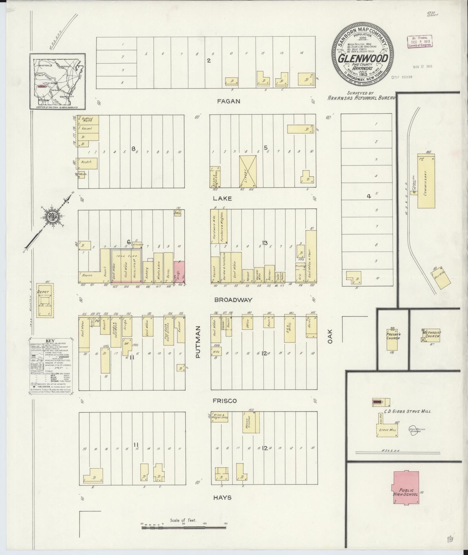 Sanborn Fire Insurance Map from Glenwood, Pike County, Arkansas (1913), Sheet #0001 - Historic Sanborn Fire Insurance Map Print, vintage old map wall art, antique decor, genealogy gift, Arkansas Arkansas map