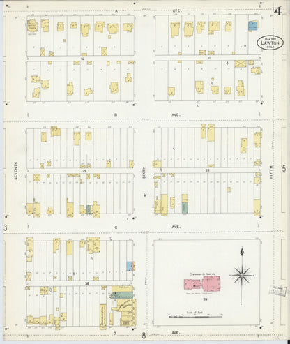 Sanborn Fire Insurance Map from Lawton, Comanche County, Oklahoma (1907), Sheet #0004 - Complete Map Set gallery image, historic Sanborn map, vintage wall art, Oklahoma Oklahoma