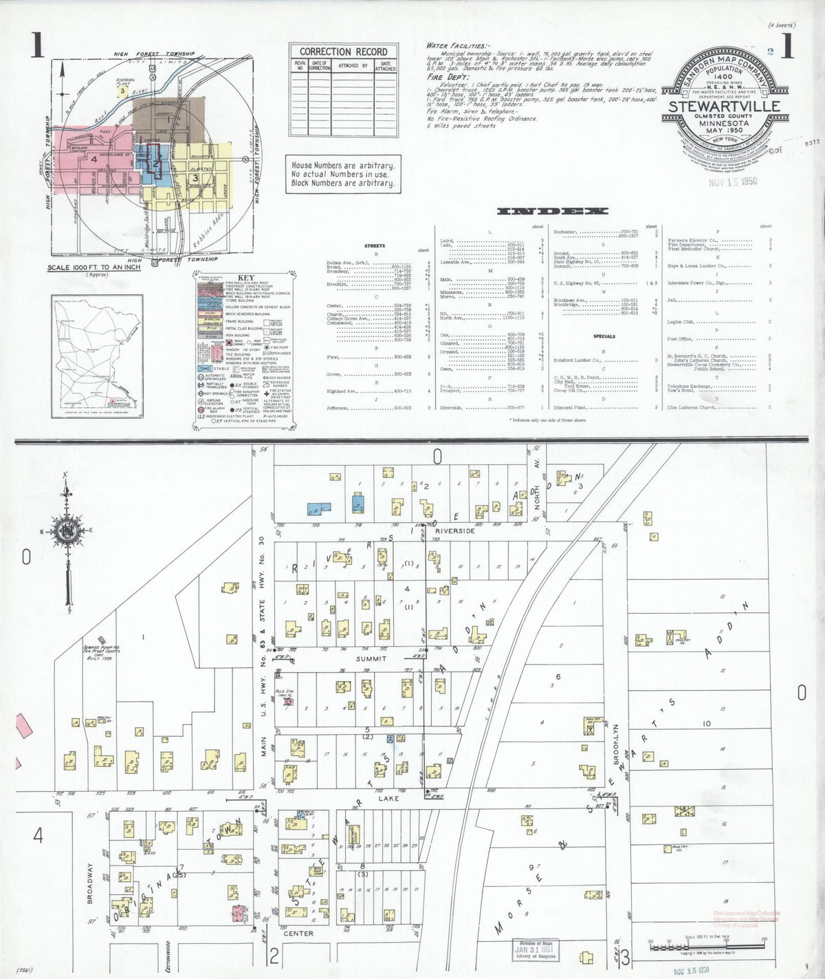 Sanborn Fire Insurance Map from Stewartville, Olmsted County, Minnesota (1950), Sheet #0001 - Historic Sanborn Fire Insurance Map Print, vintage old map wall art, antique decor, genealogy gift, Minnesota Minnesota map