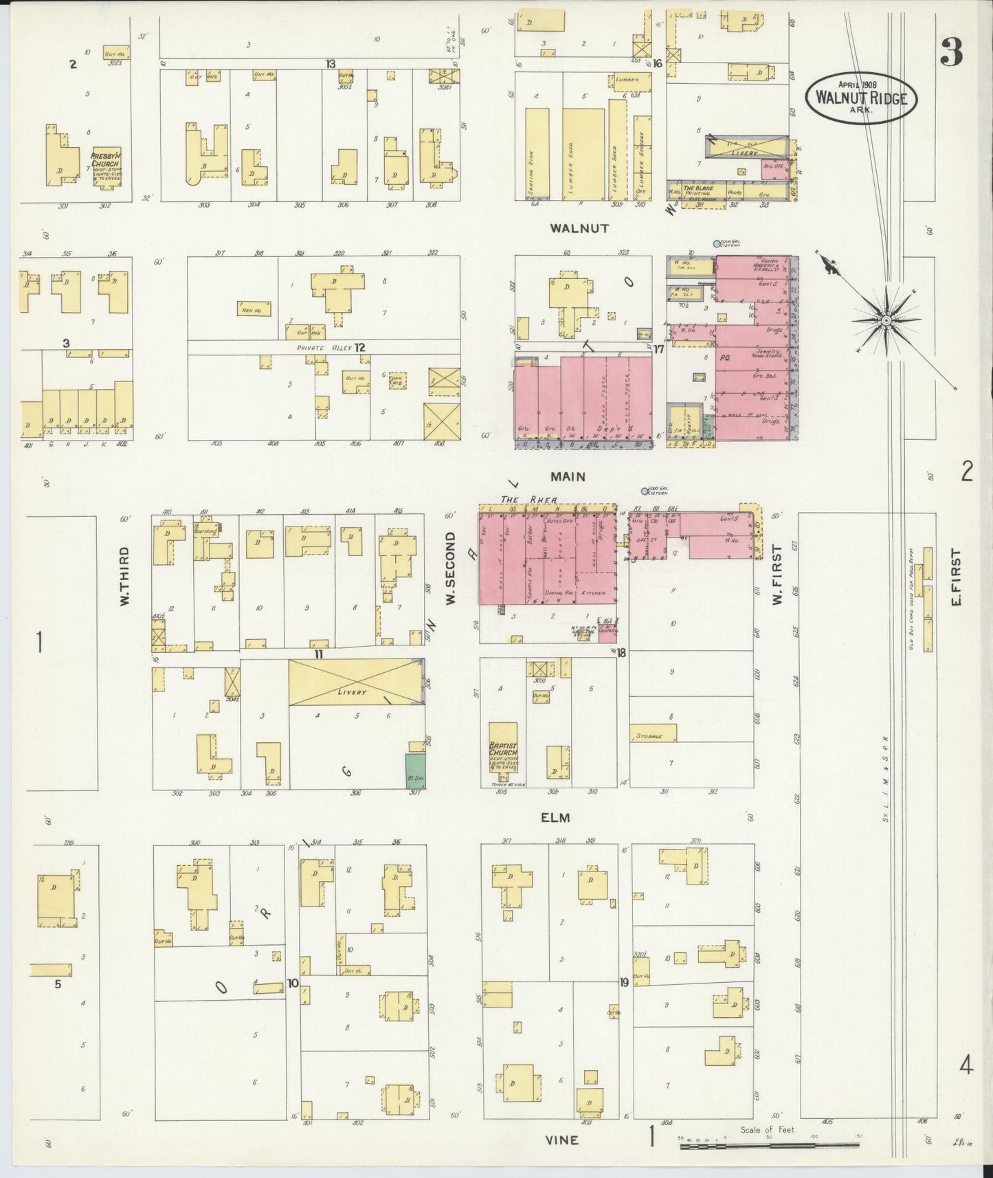 Sanborn Fire Insurance Map from Walnut Ridge, Lawrence County, Arkansas (1908), Sheet #0003 - Complete Map Set gallery image, historic Sanborn map, vintage wall art, Arkansas Arkansas