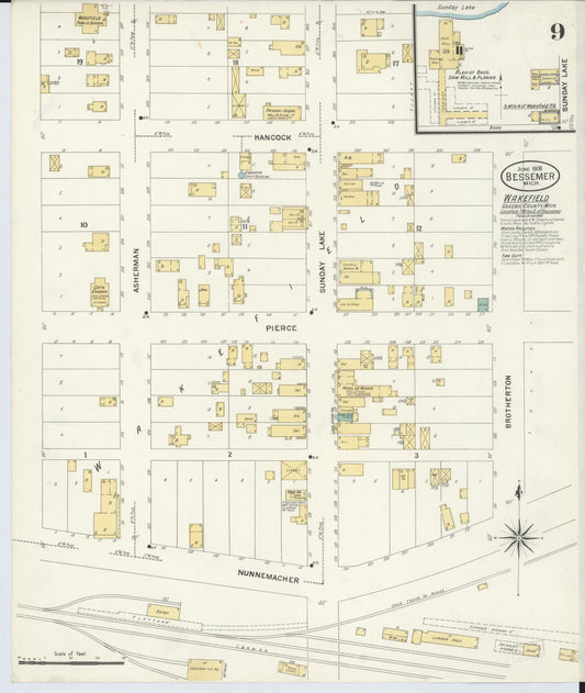 Sanborn Fire Insurance Map from Bessemer, Gogebic County, Michigan (1908), Sheet #0009 - Historic Sanborn Fire Insurance Map Print, vintage old map wall art, antique decor, genealogy gift, Michigan Michigan map