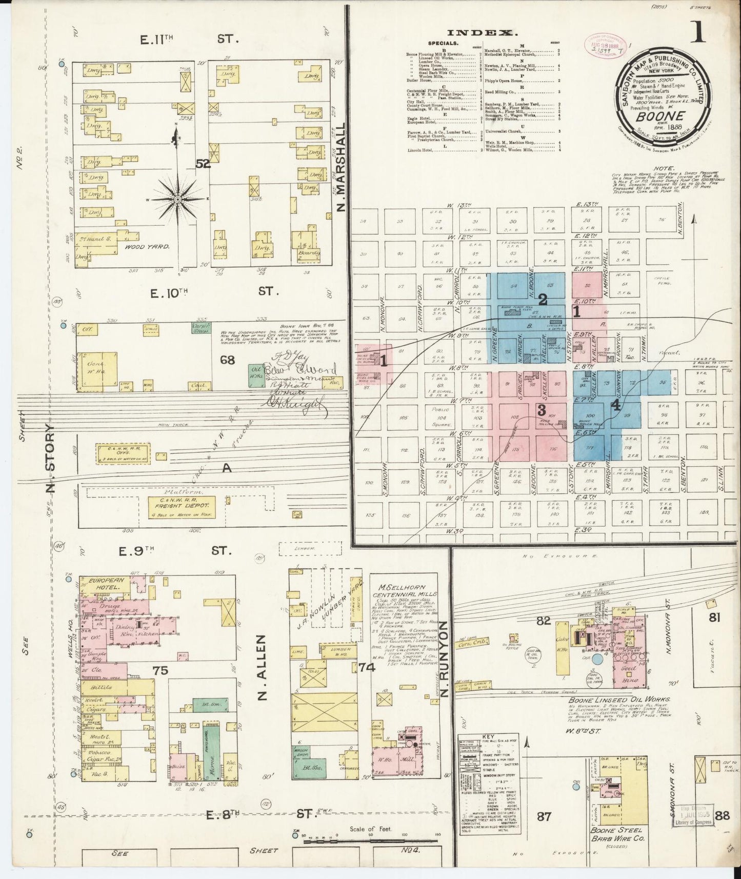 Sanborn Fire Insurance Map from Boone, Boone County, Iowa (1888), Sheet #0001 - Historic Sanborn Fire Insurance Map Print, vintage old map wall art