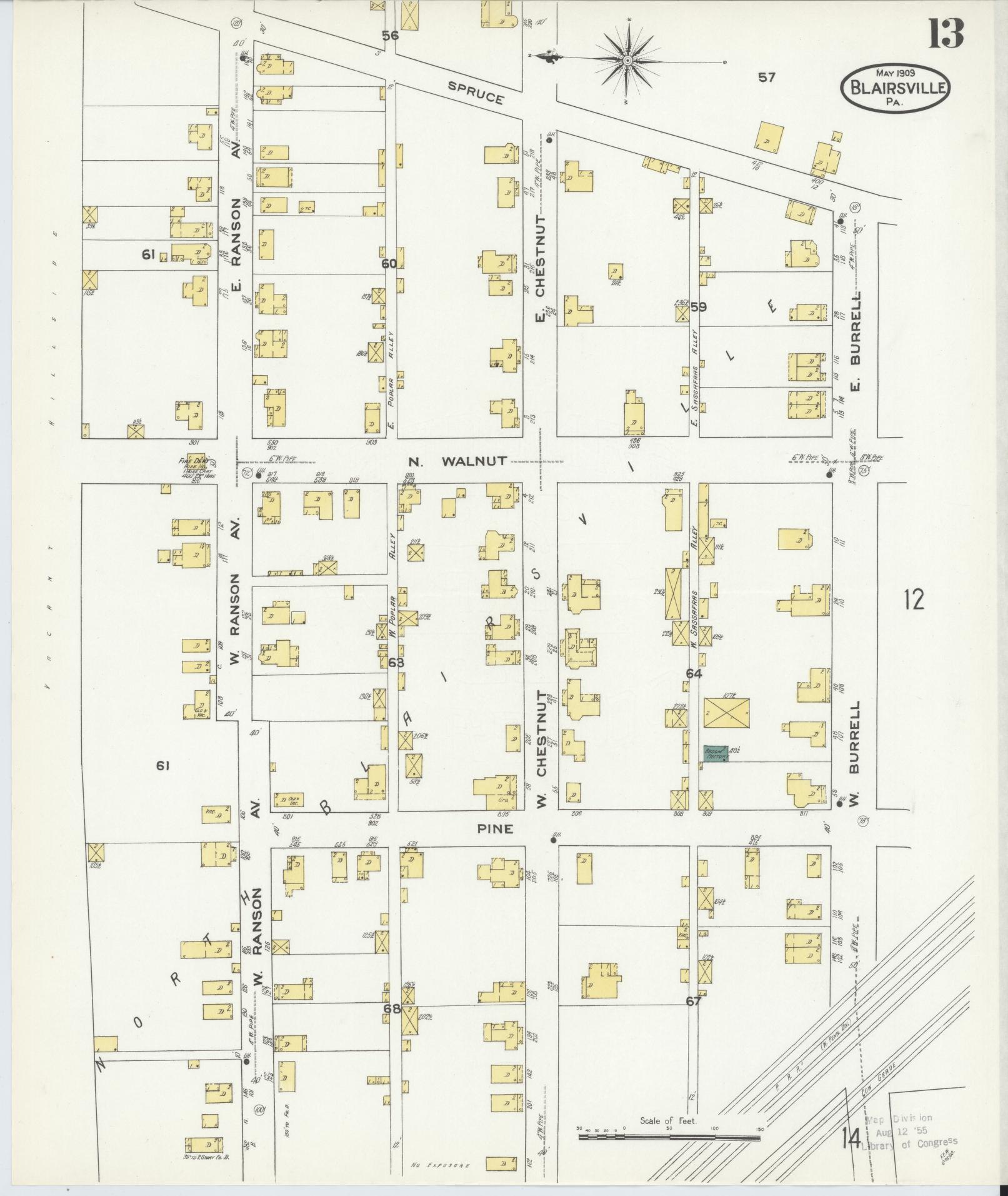 Sanborn Fire Insurance Map from Blairsville, Indiana County, Pennsylvania (1909), Sheet #0013 - Historic Sanborn Fire Insurance Map Print, vintage old map wall art, antique decor, genealogy gift, Pennsylvania Pennsylvania map