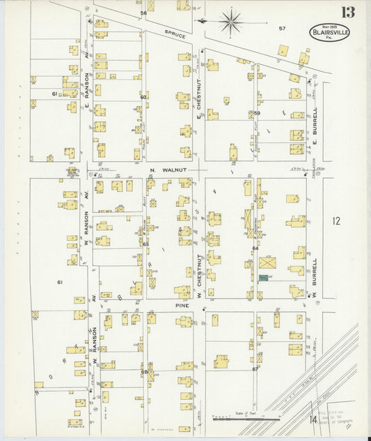Sanborn Fire Insurance Map from Blairsville, Indiana County, Pennsylvania (1909), Sheet #0013 - Historic Sanborn Fire Insurance Map Print, vintage old map wall art, antique decor, genealogy gift, Pennsylvania Pennsylvania map