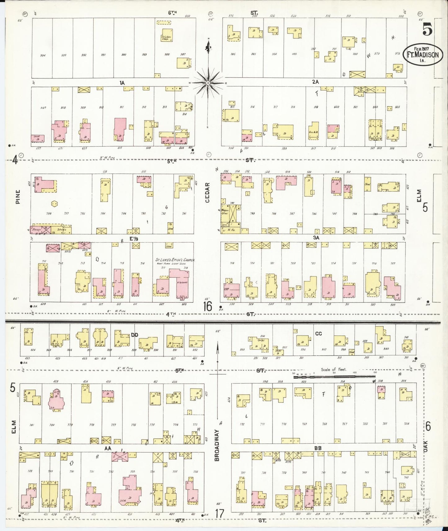 Sanborn Fire Insurance Map from Fort Madison, Lee County, Iowa (1907), Sheet #0005 - Historic Sanborn Fire Insurance Map Print, vintage old map wall art