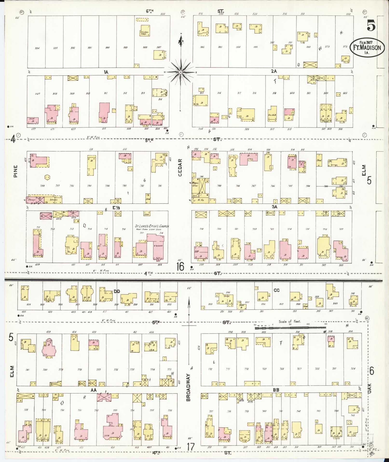 Sanborn Fire Insurance Map from Fort Madison, Lee County, Iowa (1907), Sheet #0005 - Historic Sanborn Fire Insurance Map Print, vintage old map wall art