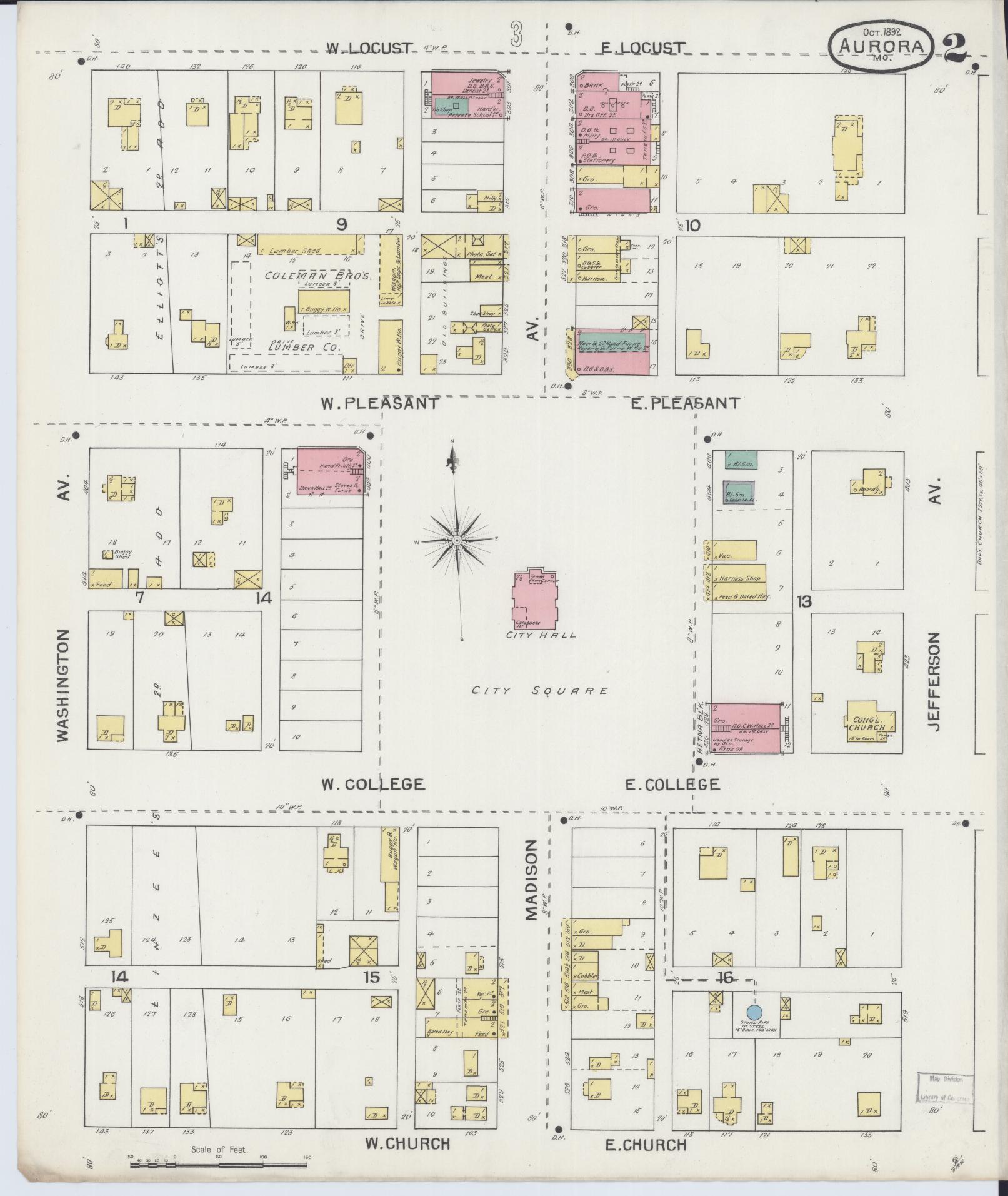 Sanborn Fire Insurance Map from Aurora, Lawrence County, Missouri (1892), Sheet #0002 - Complete Map Set gallery image, historic Sanborn map, vintage wall art, Missouri Missouri