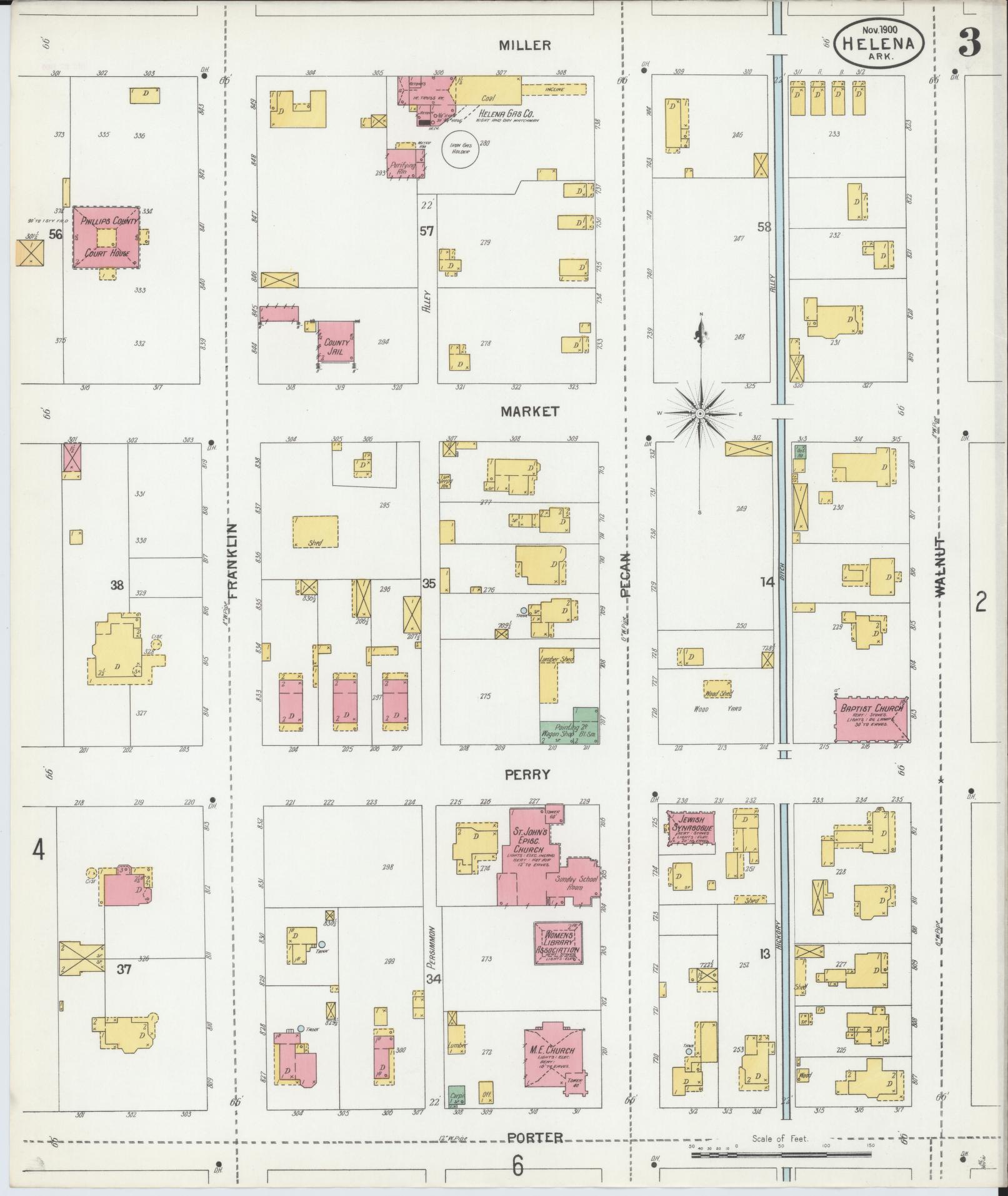 Sanborn Fire Insurance Map from Helena, Phillips County, Arkansas (1900), Sheet #0003 - Complete Map Set gallery image, historic Sanborn map, vintage wall art, Arkansas Arkansas
