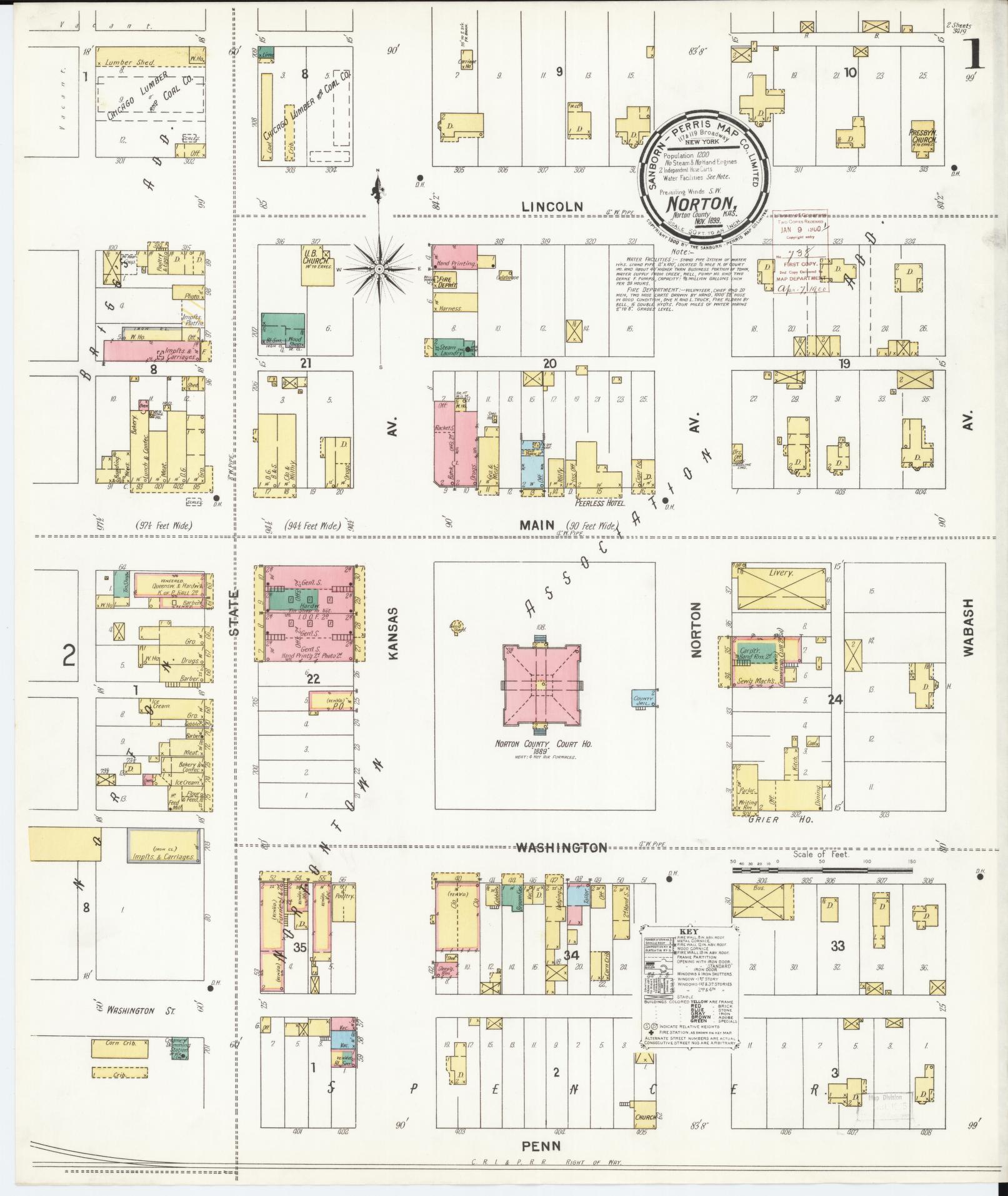 Sanborn Fire Insurance Map from Norton, Norton County, Kansas (1899), Sheet #0001 - Complete Map Set gallery image, historic Sanborn map, vintage wall art, Kansas Kansas
