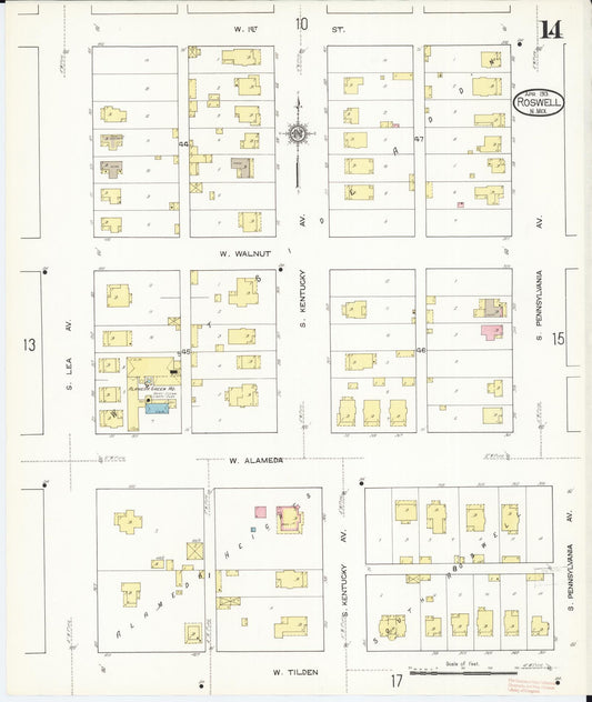 Sanborn Fire Insurance Map from Roswell, Chaves County, New Mexico (1913), Sheet #0014 - Historic Sanborn Fire Insurance Map Print, vintage old map wall art, antique decor, genealogy gift, New Mexico New Mexico map